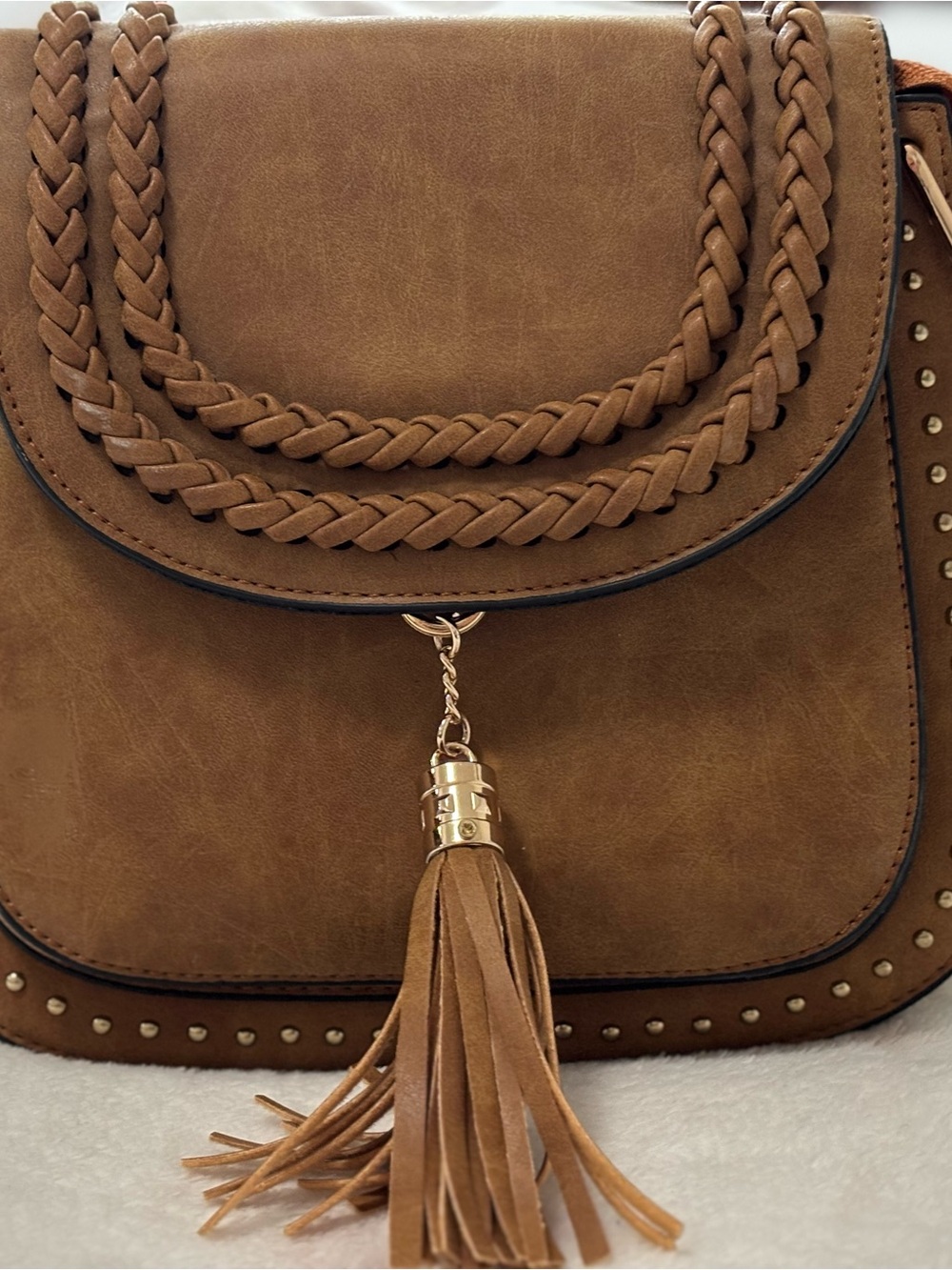 Tom Clovers Women’s Small Brown Crossbody Zip Tassel Studded Braided Strap.